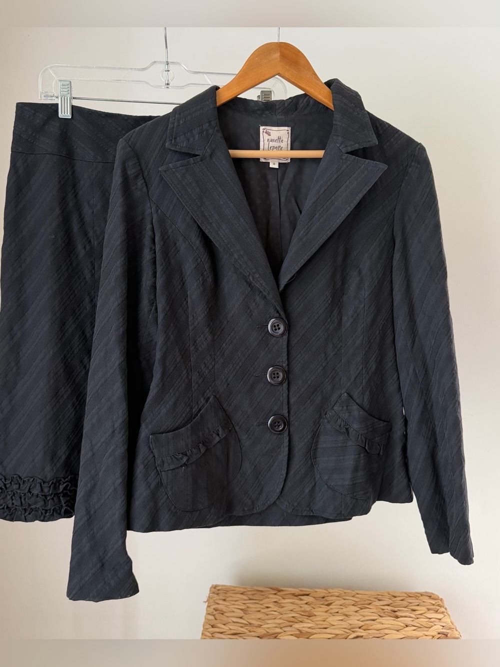 Women's NANETTE LEPORE Vintage Black Skirt Jacket Suit Set Y2K Vtg Size 10